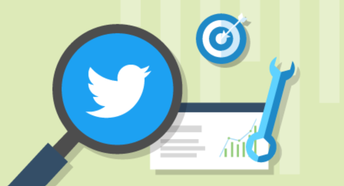 Twitter logo under magnifying glass surrounded by chart and tool icons