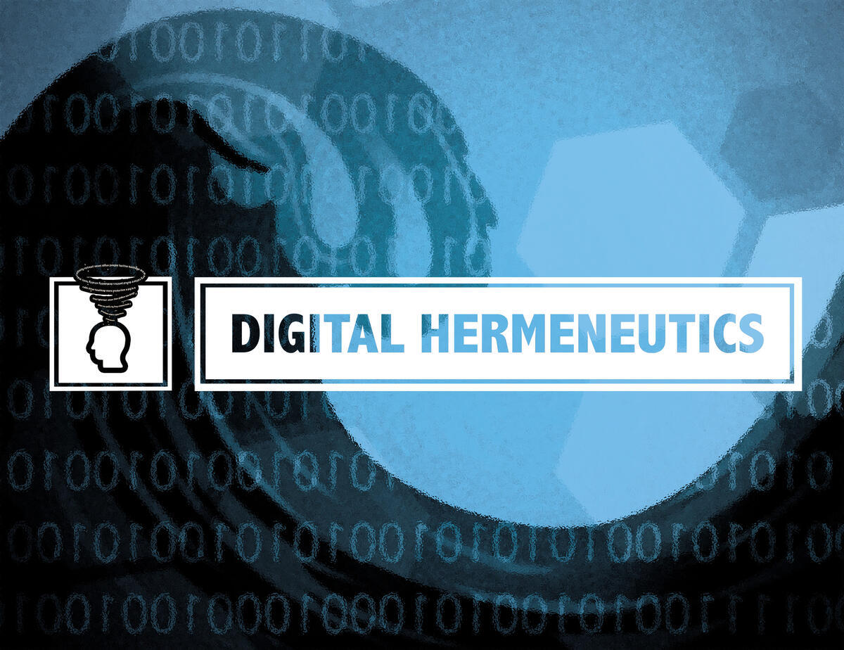 Text reads "Digital Hermeneutics" next to a symbol of a head, tornado of words above it. Background is a wave with zeroes and ones over it.