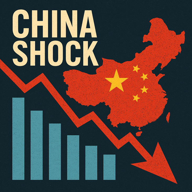 The words "China Shock" above images of a decreasing stock arrow and decreasing bars and the shape of China's land colored in red with the golden stars from the Chinese flag.