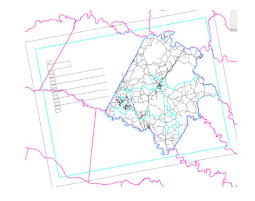 An example of a map where I was able to isolate boundary and road layers. You can see the lines from the original map: precinct boundaries (blue) and large roads (black), overlaid with the pink county boundaries in GIS
