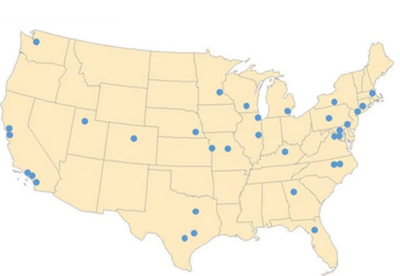 Map showing blue dots for the location of Research Centers gathered in major cities across the U.S.