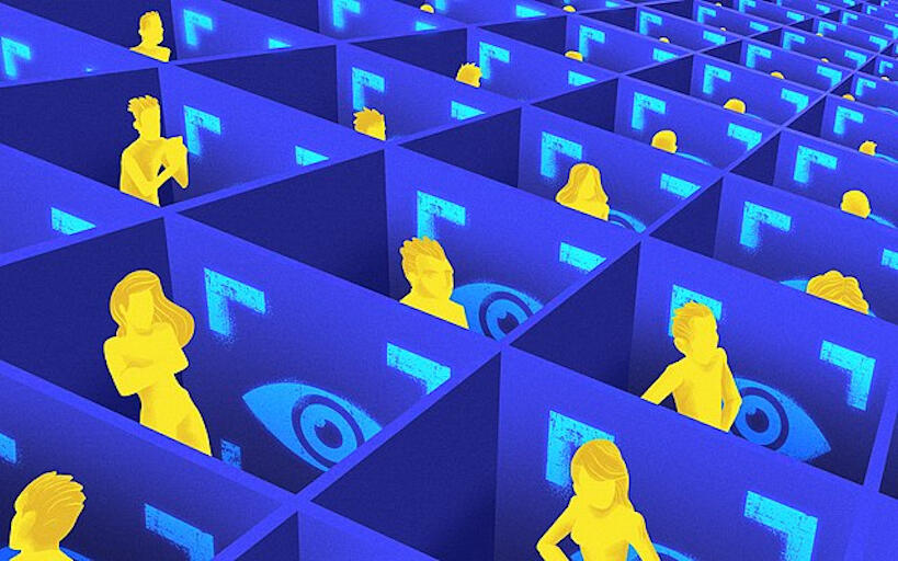 yellow figures of people separated into individual blue cubicles that all have a picture of an eye o