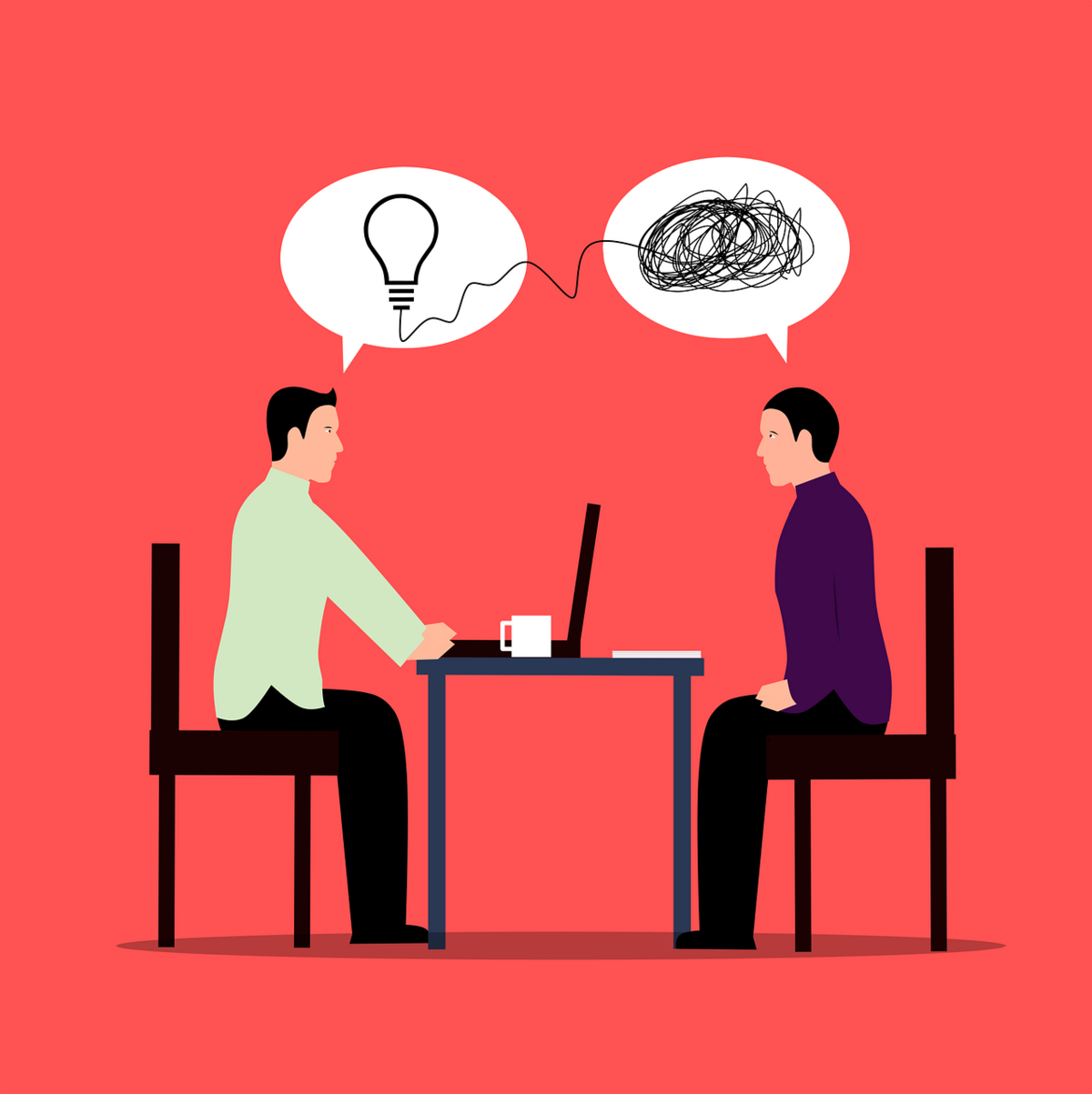 2 people sitting at a table with speech bubbles above them, 1 bubble with a lightbulb connected to the scribble in the other bubble