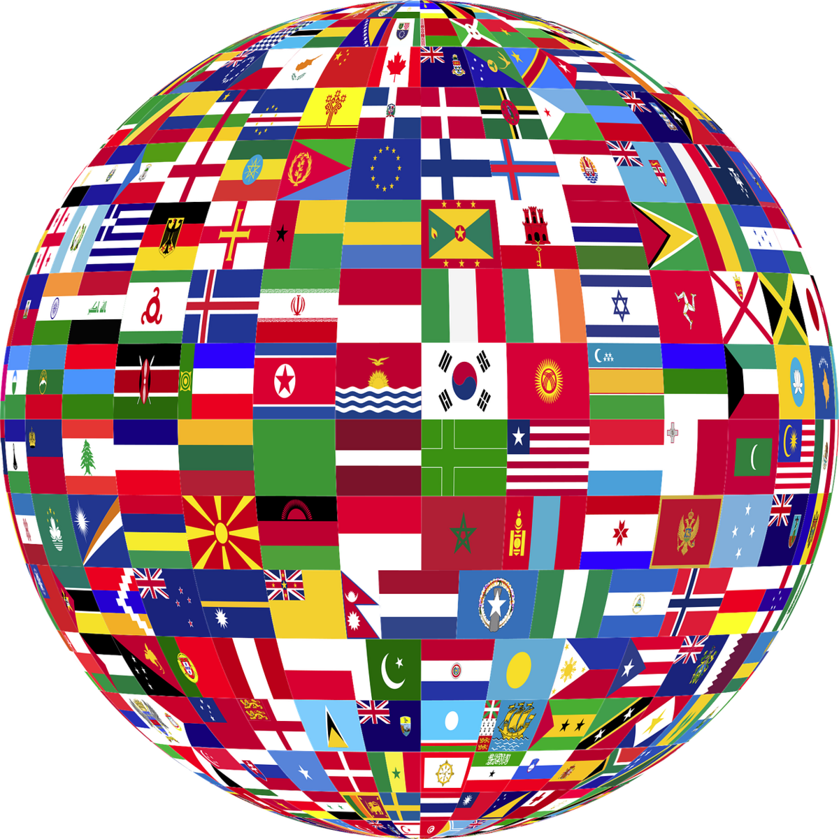 A globe covered in all the different countries' flags