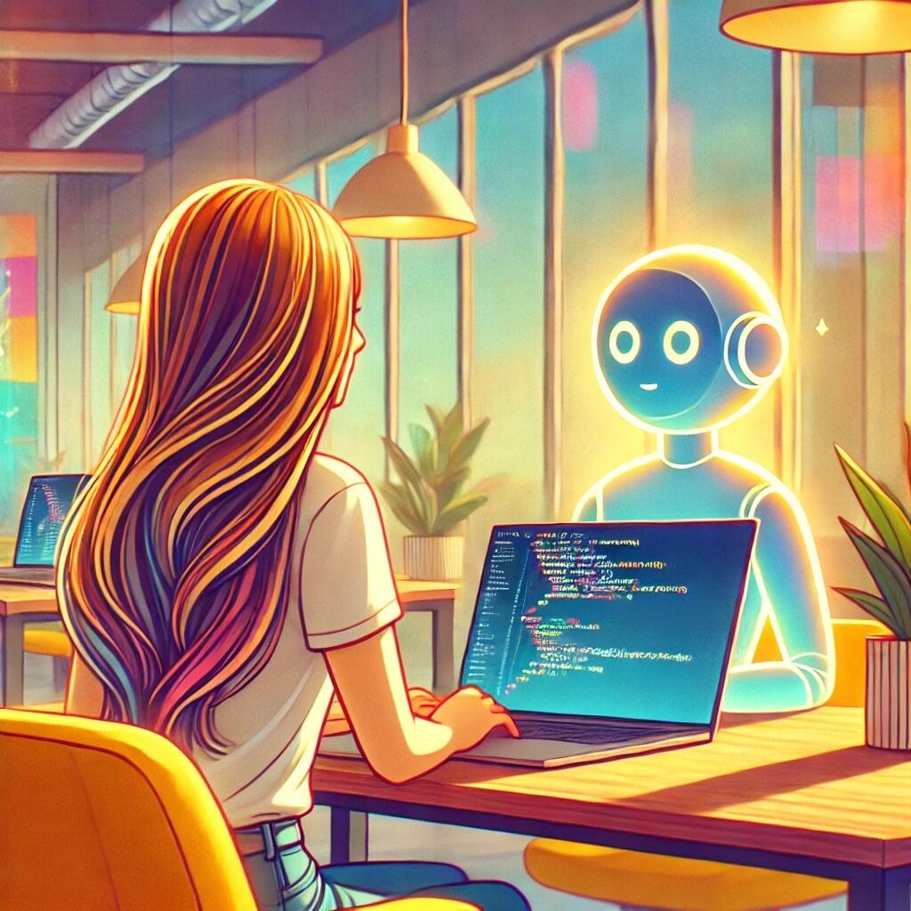 An AI-generated image of a girl coding on a laptop while sitting across from a blue, glowing robot figure.