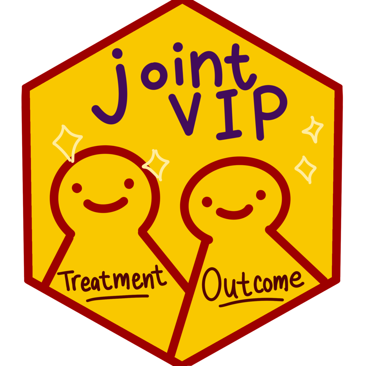 An orange badge that reads "joint VIP", with 2 characters underneath labeled "Treatment" and "Outcome".