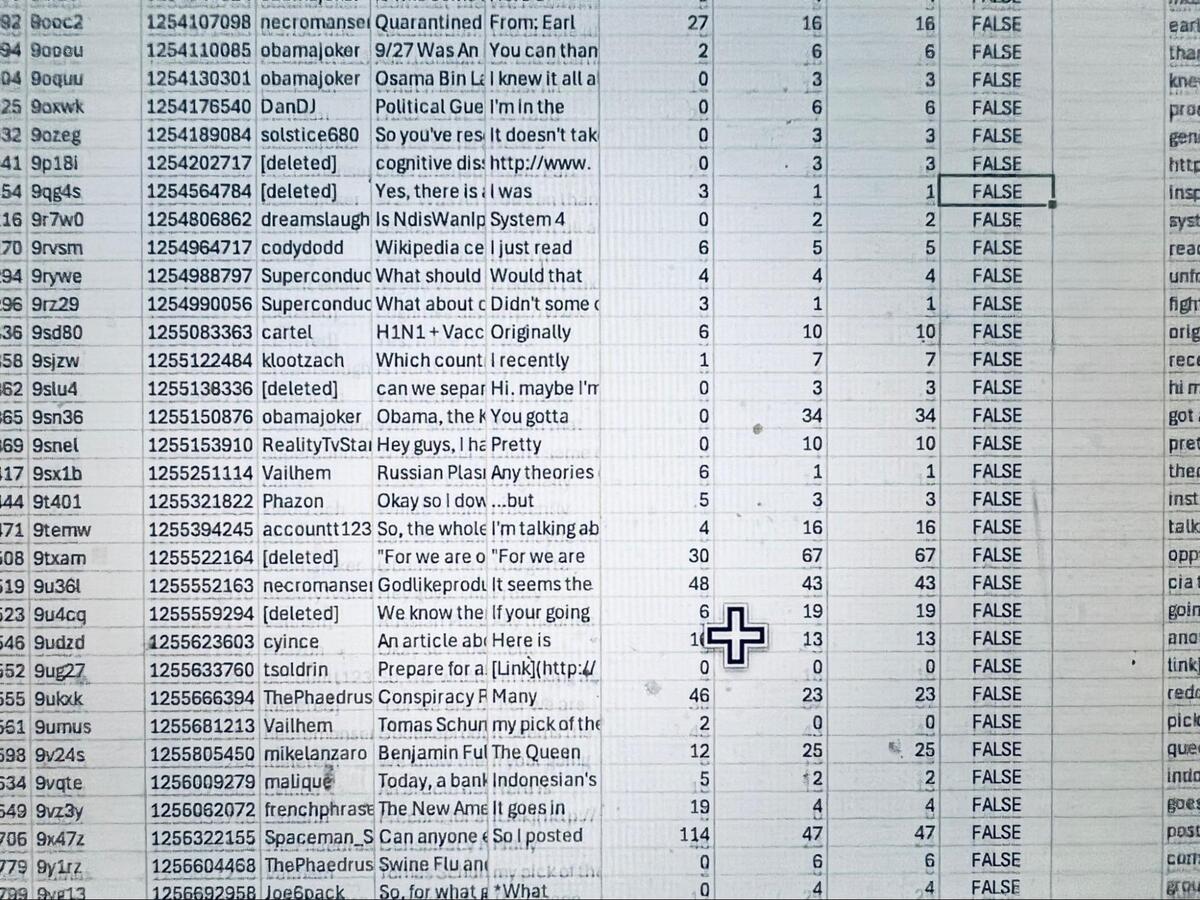 Image of a spreadsheet full of data, words and numbers.