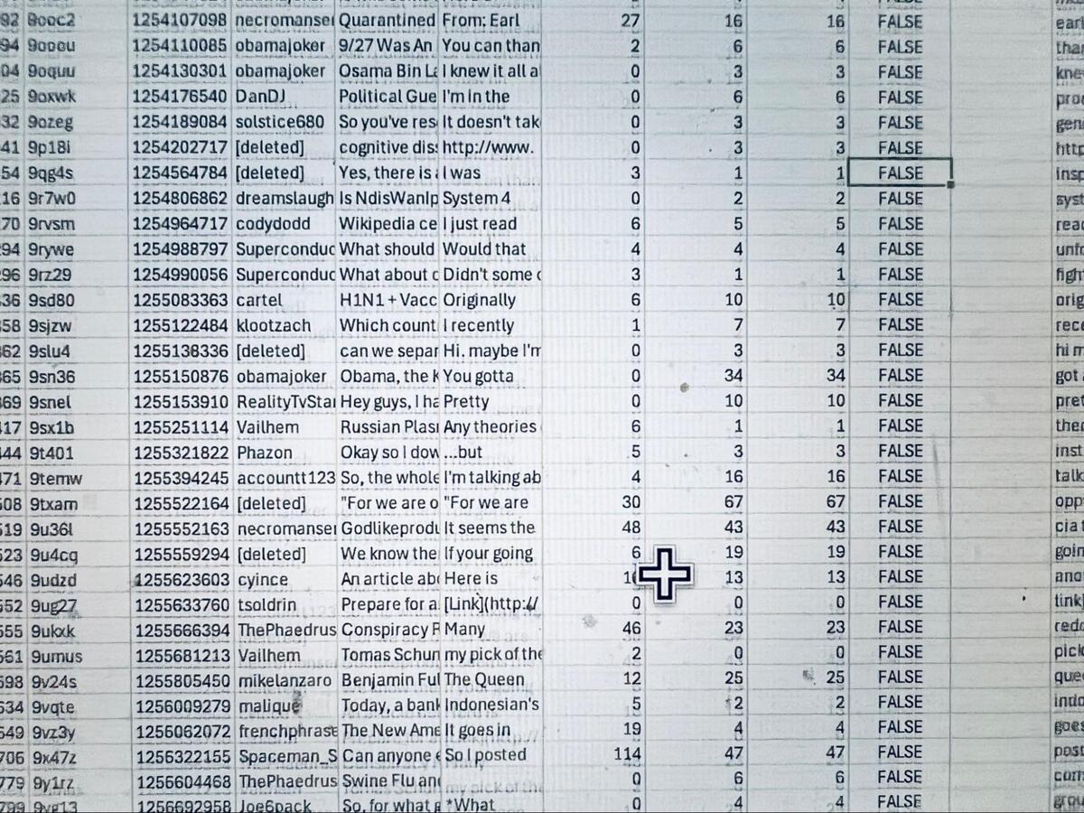Image of a spreadsheet full of data, words and numbers.