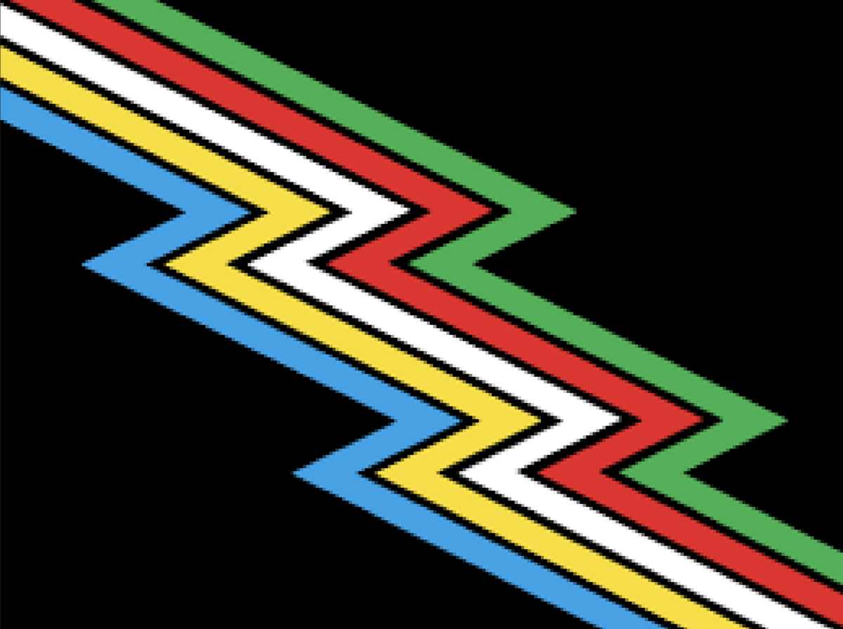 Disability Pride Flag, a zig-zag pattern with lines of green, red, white, yellow, and blue on a black background