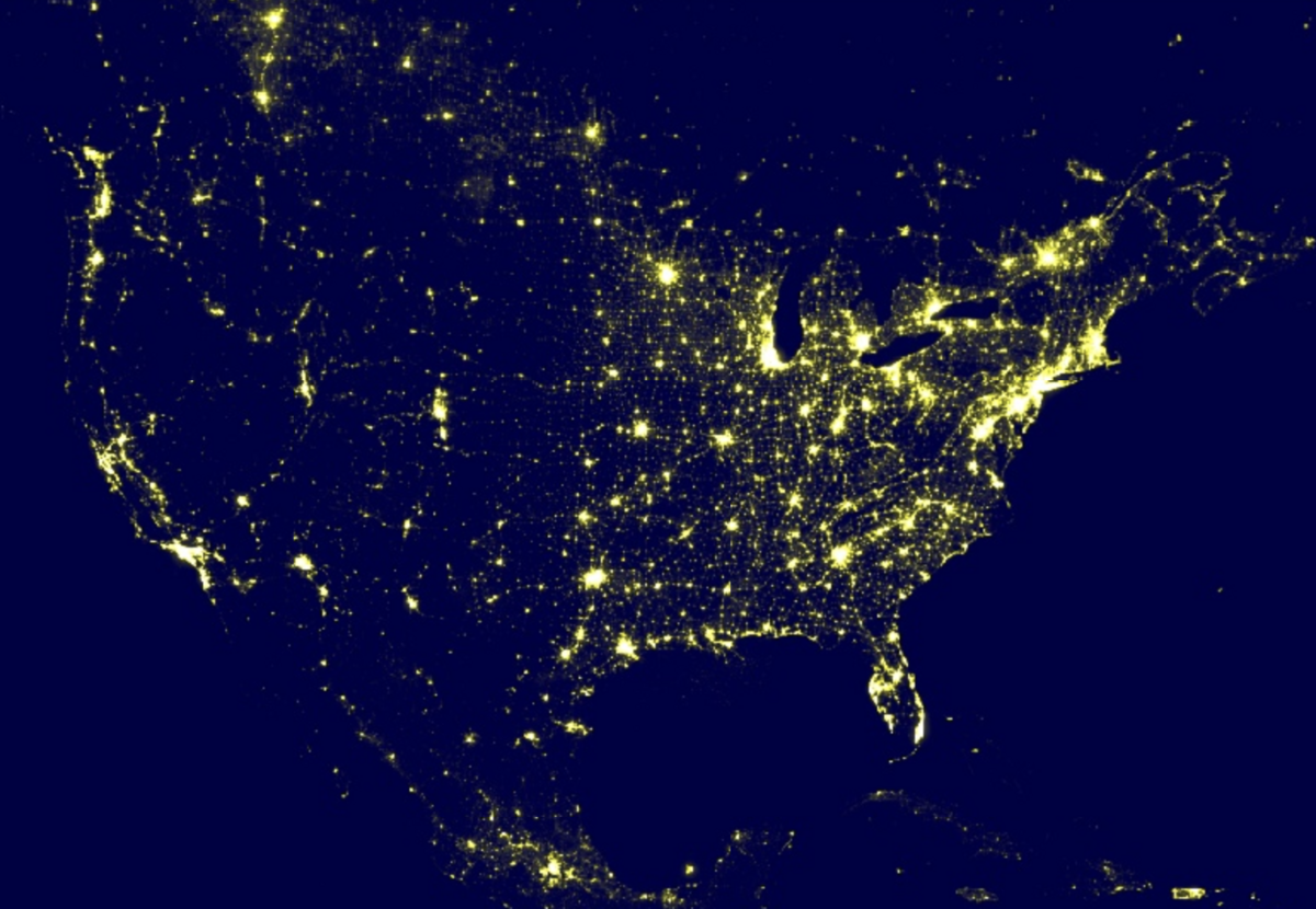 Nighttime Light Intensity on map of the USA