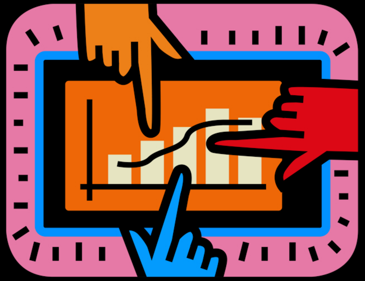 3 cartoon hands pointing at a graph that contains a bar chart and a best-fit line