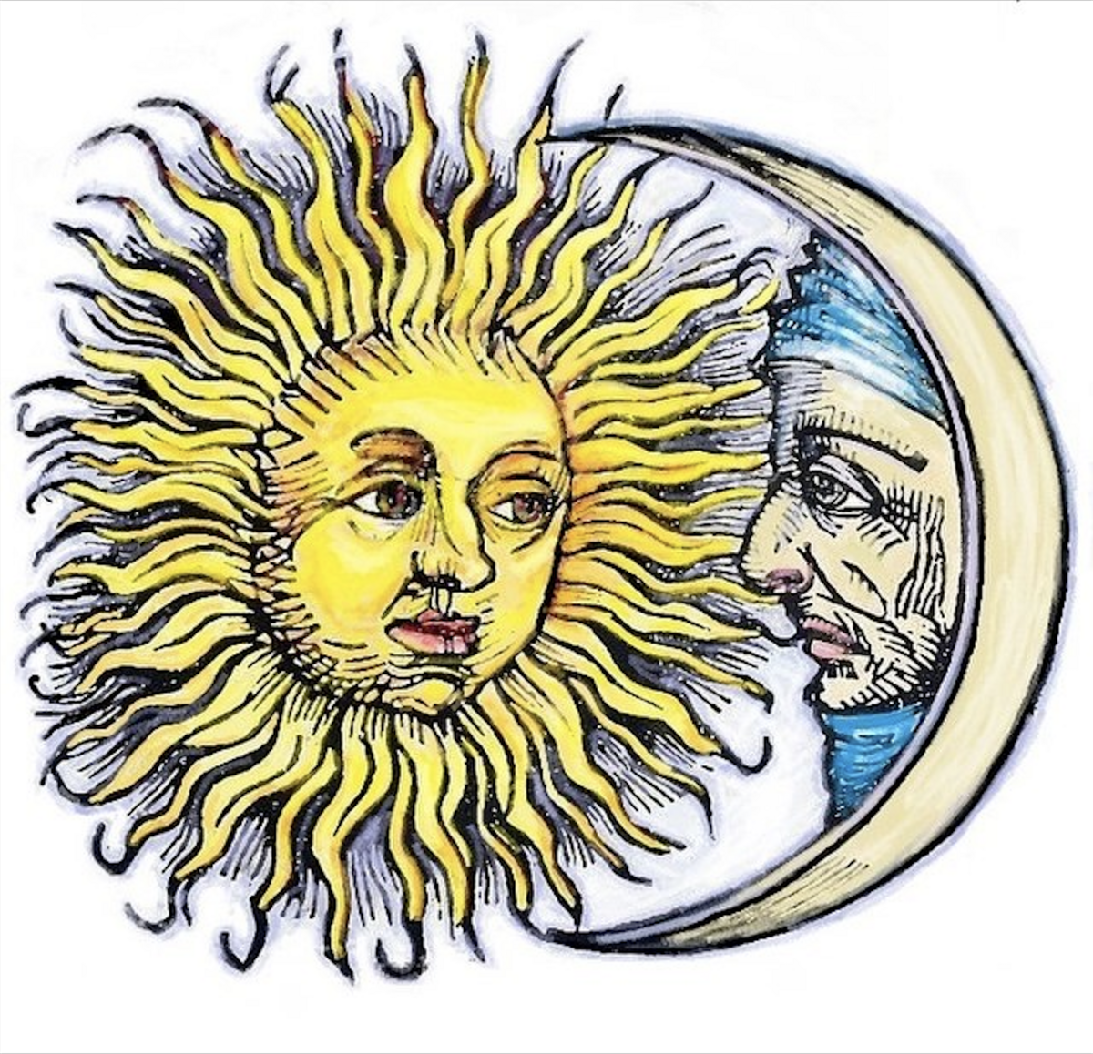 Art of a sun and a crescent moon with human faces looking at each other
