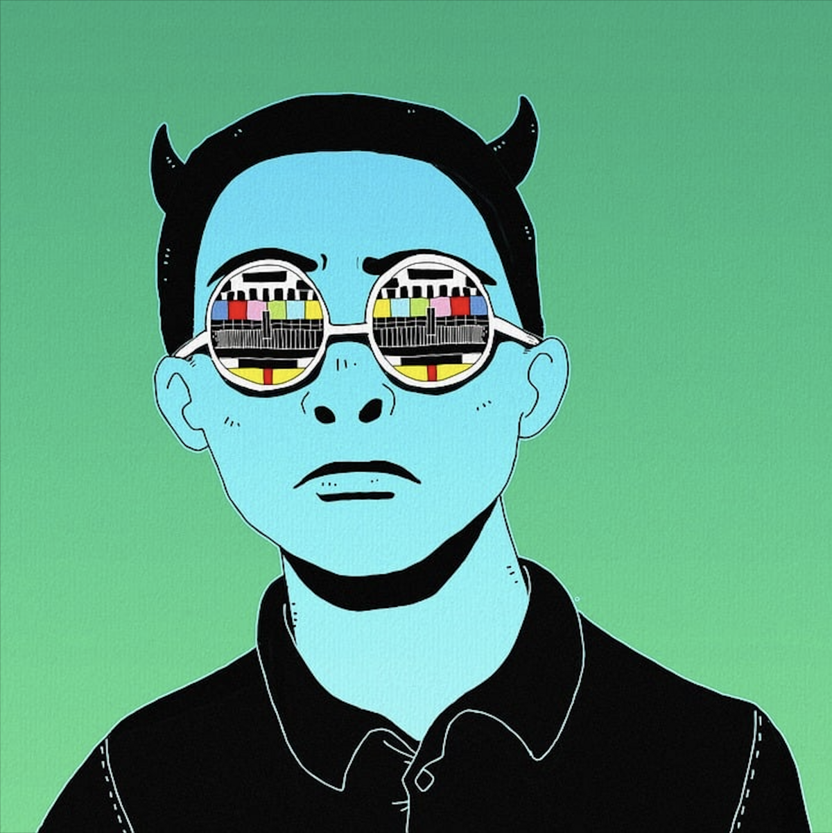 Art of a boy with blue skin, small horns, and colorful glasses, on a green background