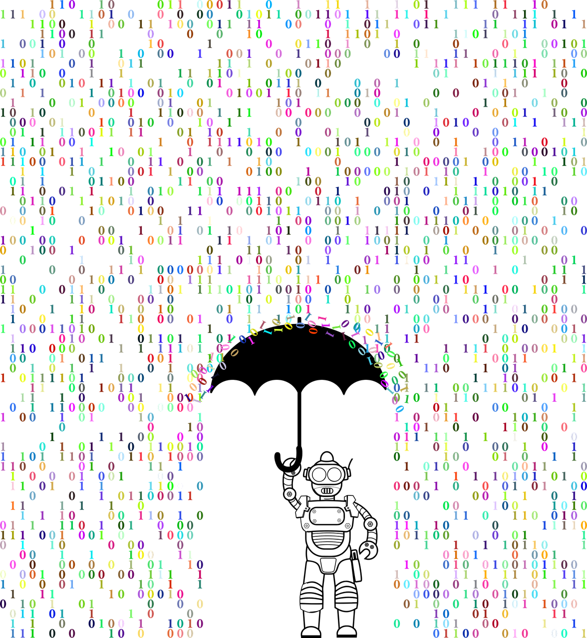 A robot stands holding a black umbrella underneath a shower of multicolored binary code.