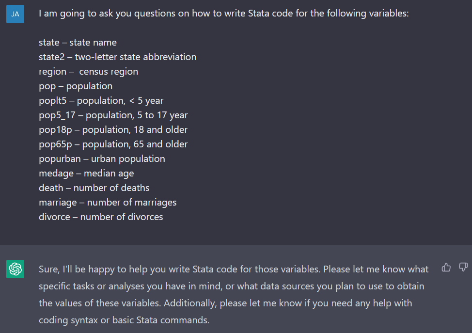 A user asks ChatGPT to use a set of variables in Stata code, and ChatGPT asks what kind of task or analysis to complete.