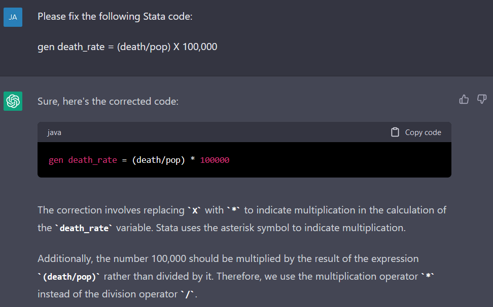 The user asks ChatGPT to correct Stata code that accidentally uses an X for multiplication instead of an asterisk. ChatGPT corrects the code appropriately.