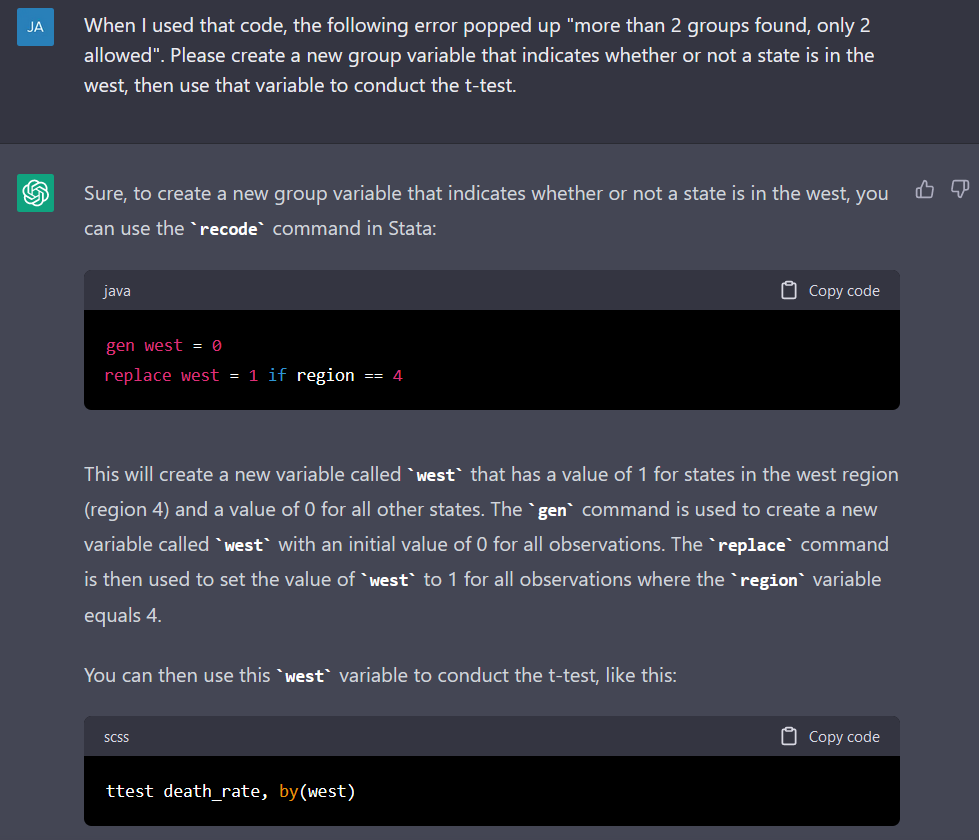 A user notifies ChatGPT of the error in the code, providing the wording of the error code from Stata. ChatGPT provides solutions in the form of re-written and additional lines of code.