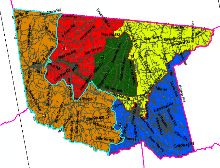 A completed shapefile for District 1 highlighted in blue