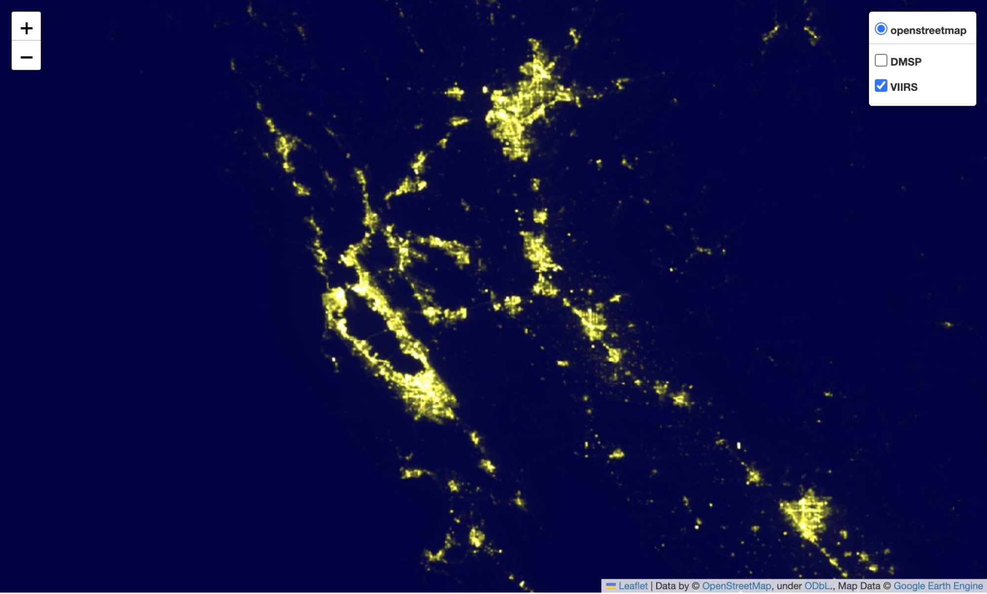 overlap the mean values of the whole nighttime light datasets on top of the global OpenStreetMap