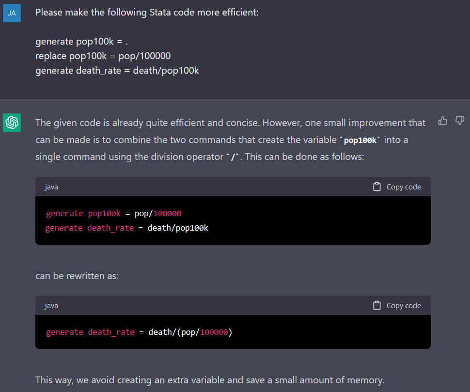 The user asks ChatGPT to make a pre-written Stata code more efficient. ChatGPT replies with a single line after complimenting the original coding's efficiency.