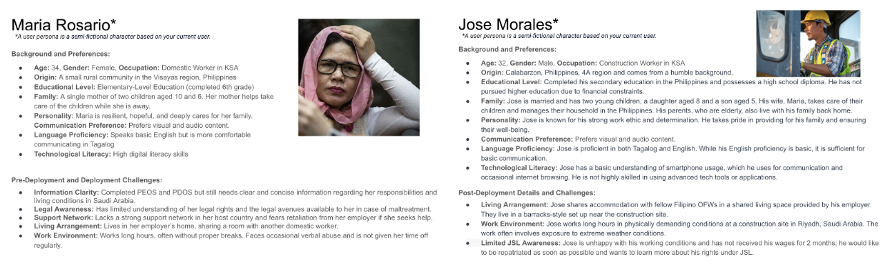 2 persona profiles, names Maria Rosario and Jose Morales, with a long list of information about them such as age, occupation, origin, and educational level.