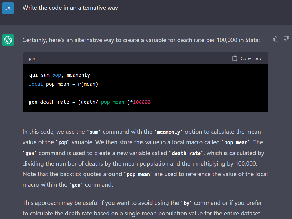 A user asks ChatGPT to write the code it provided in an alternative way. It does so and explains the elements as well as reasoning for using this alternative method.