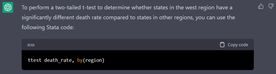 ChatGPT provides a line of code that will trigger an error message in Stata.