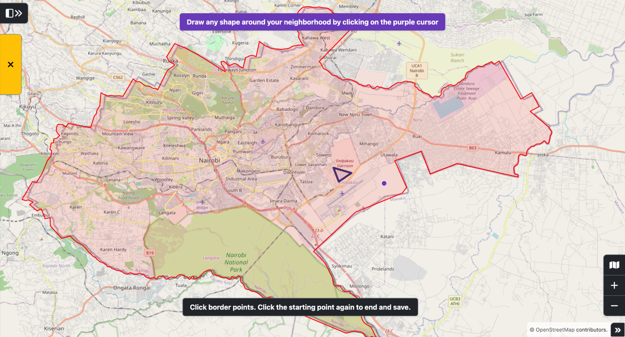 A digital map of Nairobi, Kenya, with a large area outlined and shaded in red. There are instructions at the stop stating "Draw any shape around your neighborhood by clicking on the purple cursor".