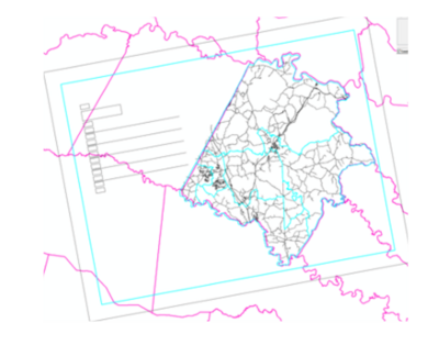 precinct boundaries (blue) and large roads (black), overlaid with the pink county boundaries in GIS